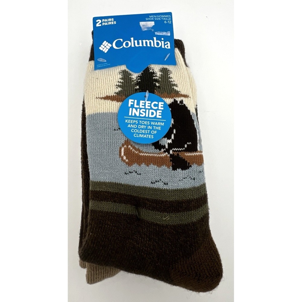 Columbia 2 Pair Fleece Lined Crew Socks Men's 6-12 Nature Comfy Warm & Soft NEW